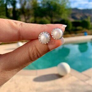 STUNNING GENUINE PEARL STERLING SILVER Stud Earrings Brand New